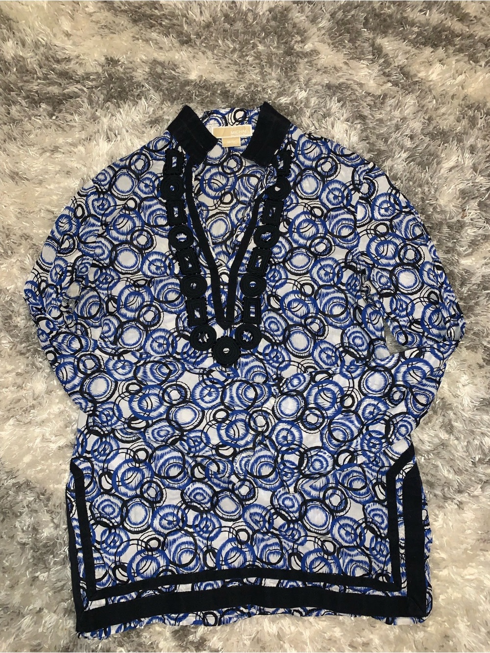 Michael Kors Blue and Black Printed Tunic with Embroidered V-Neck